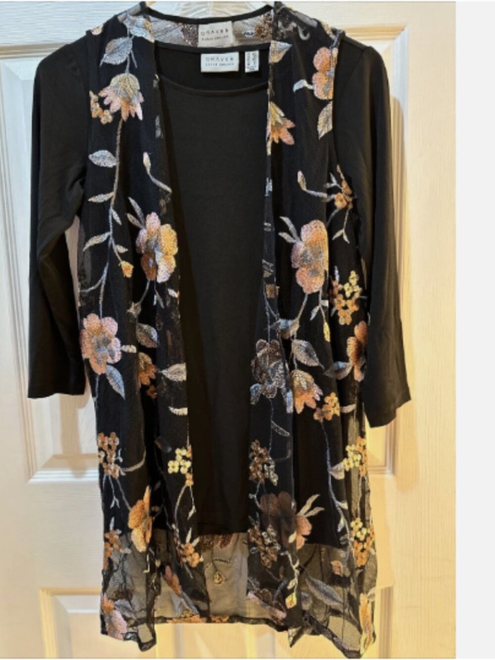 Susan Graver Embroidered Mesh Vest & Liquid Knit Top-Black/Neutral-XXS-A374102